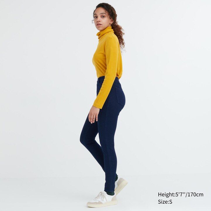 blue womens uniqlo heattech ultra stretch denim high rise tops