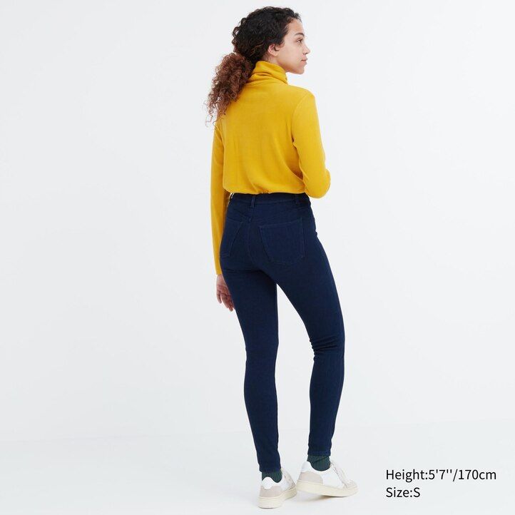 blue womens uniqlo heattech ultra stretch denim high rise tops