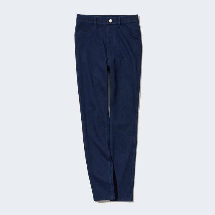 blue womens uniqlo heattech ultra stretch denim high rise tops