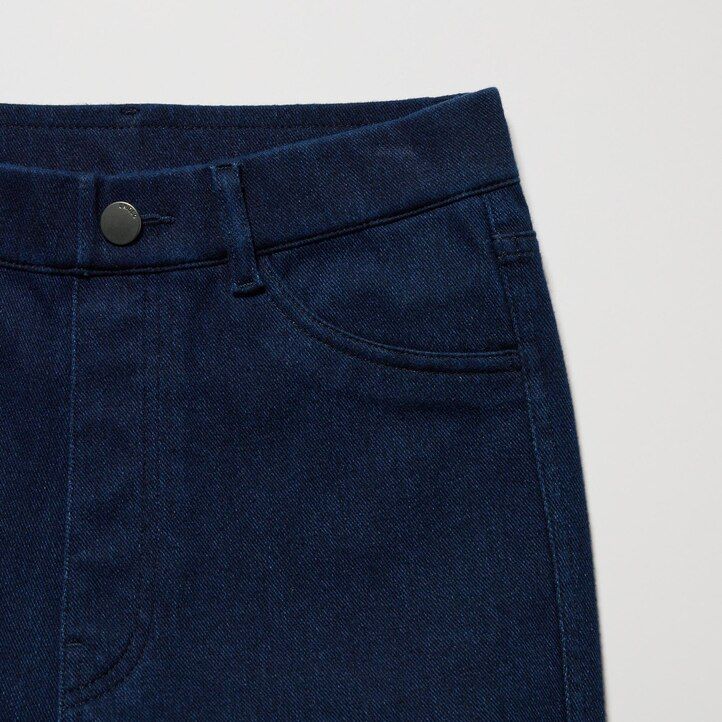 blue womens uniqlo heattech ultra stretch denim high rise tops