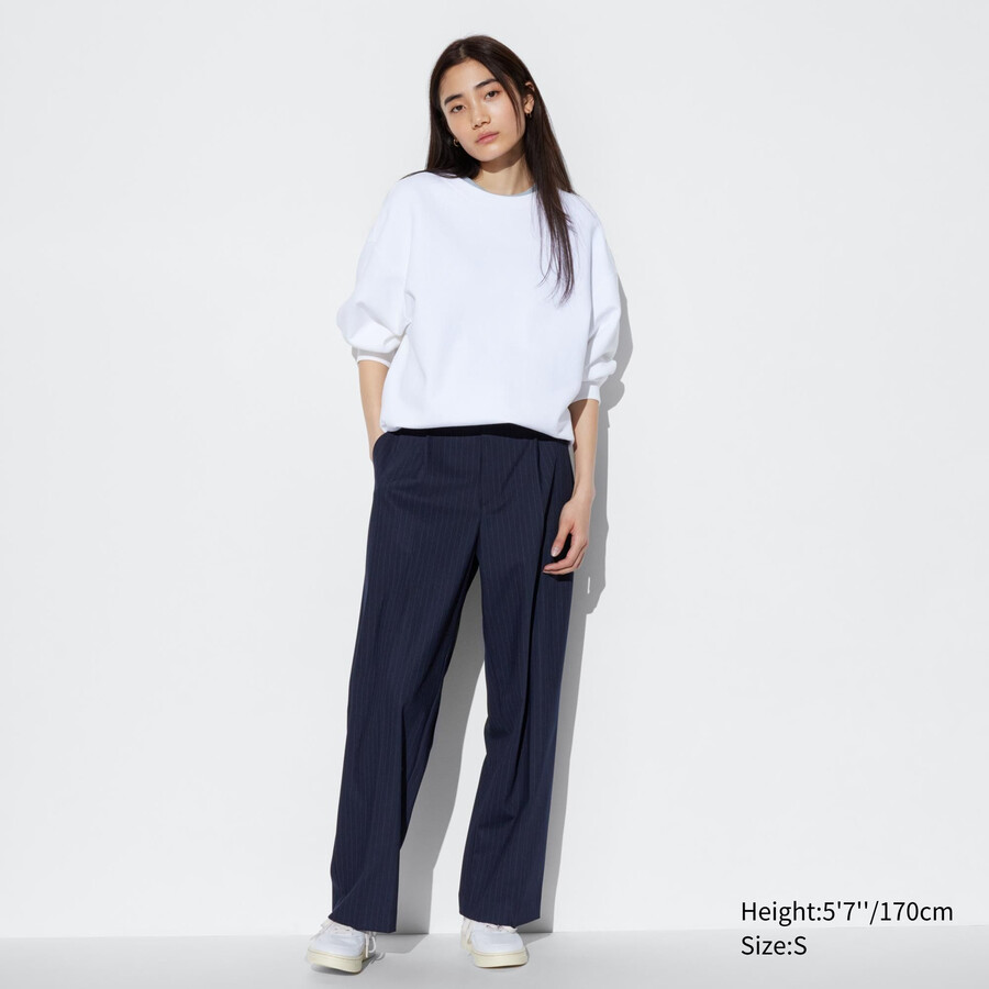 uniqlo pleated wide leg striped womens tops navy