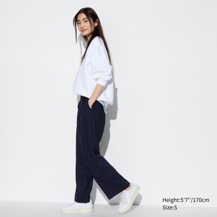 uniqlo pleated wide leg striped womens tops navy
