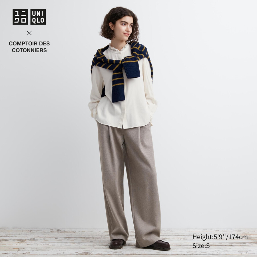 uniqlo brushed jersey pleated wide leg womens tops beige
