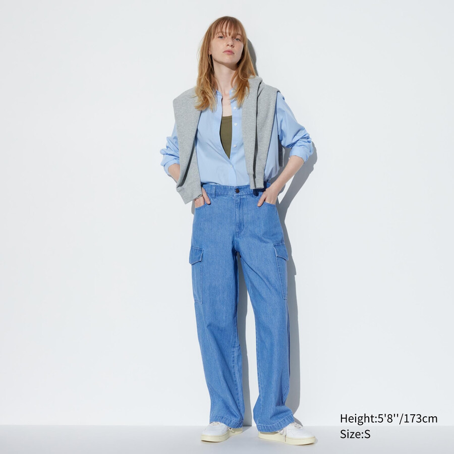 blue uniqlo denim wide straight legrgo womens tops