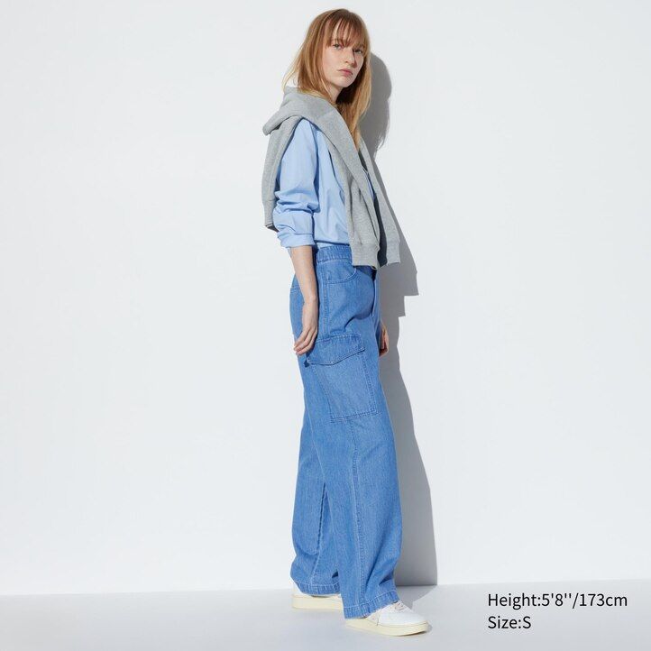 blue uniqlo denim wide straight legrgo womens tops