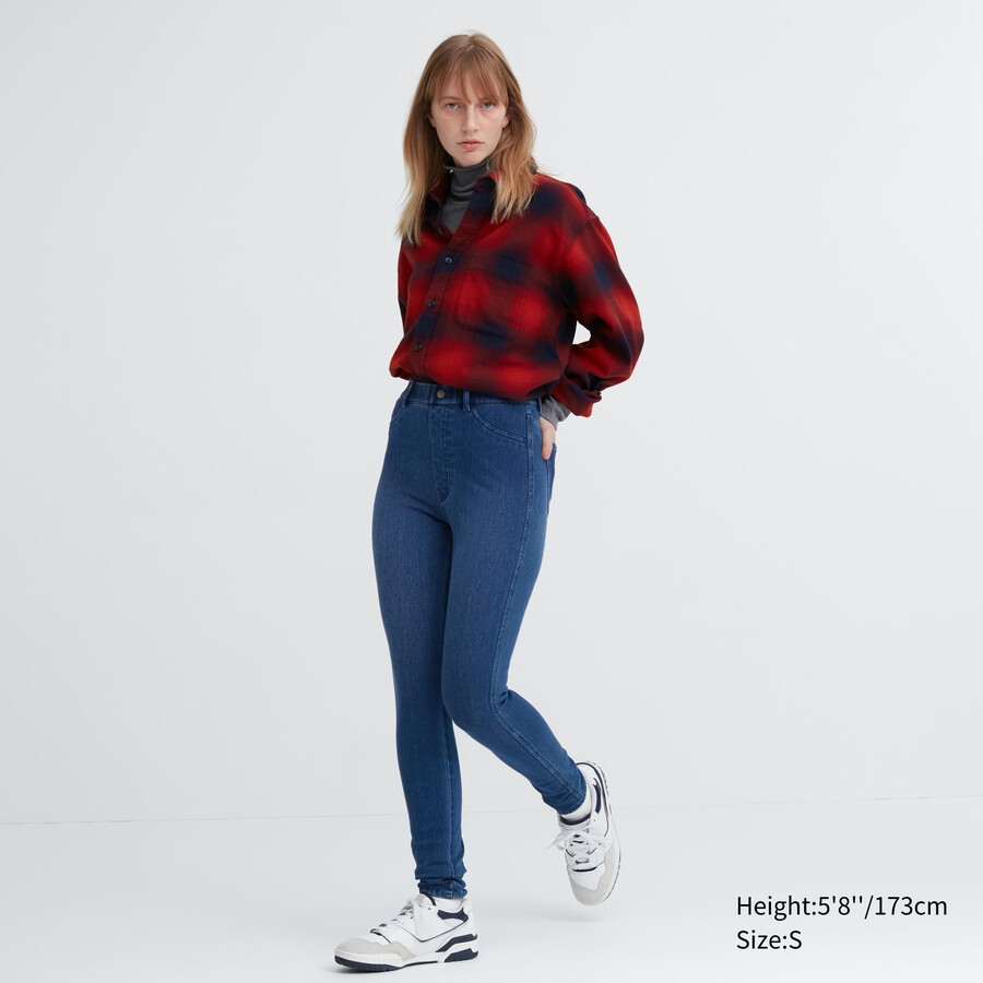 blue womens uniqlo heattech ultra stretch denim high rise tops