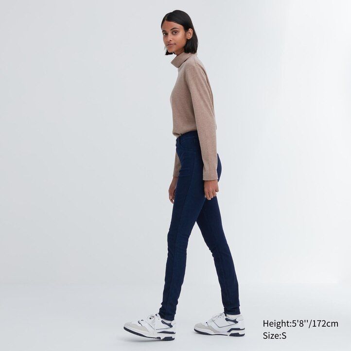 blue womens uniqlo heattech ultra stretch denim high rise tops