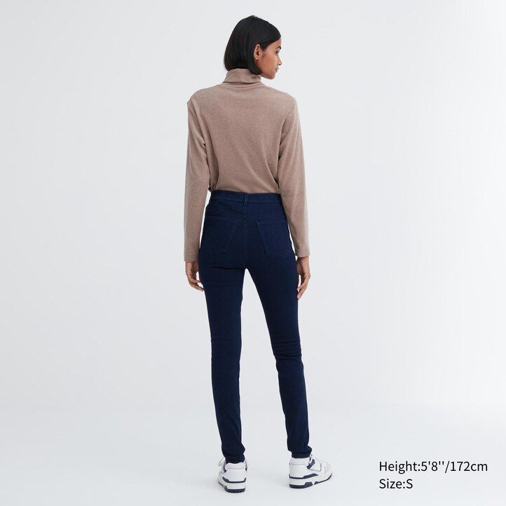blue womens uniqlo heattech ultra stretch denim high rise tops
