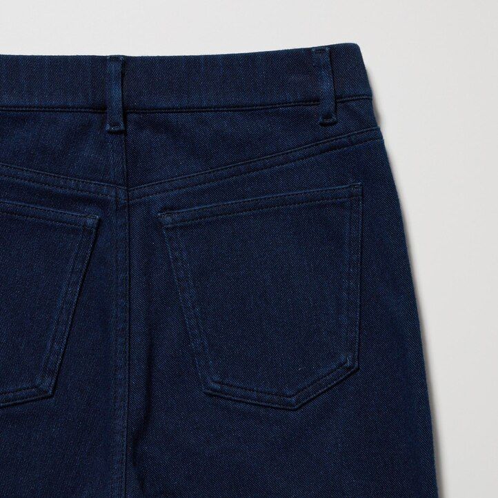 blue womens uniqlo heattech ultra stretch denim high rise tops