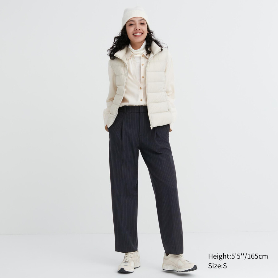 navy womens uniqlo heattech striped pleated tops