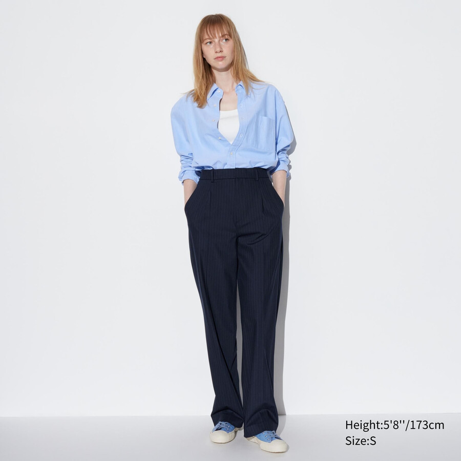 uniqlo pleated wide leg striped womens tops navy