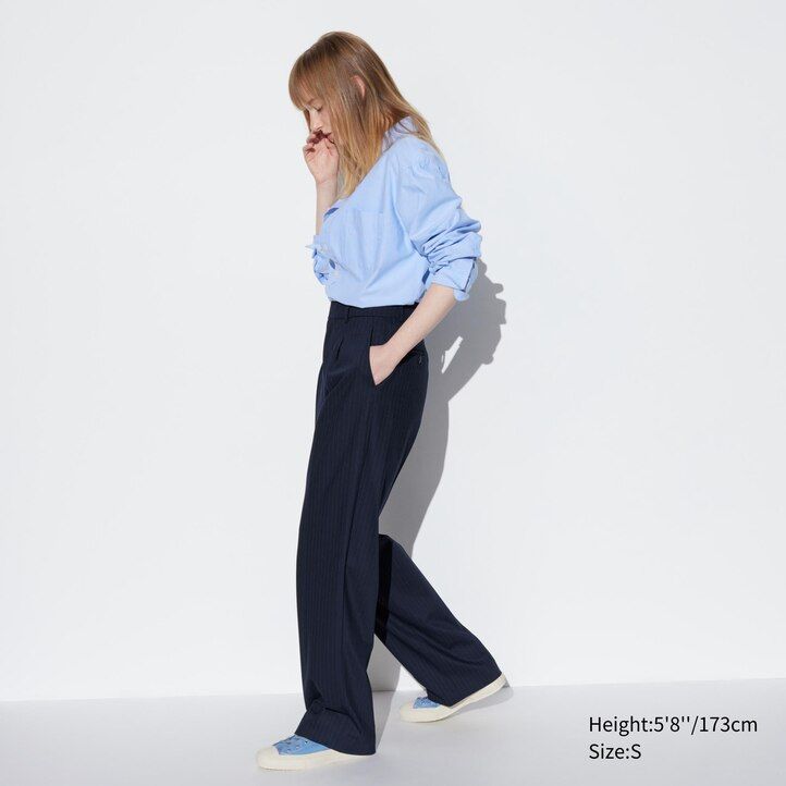 uniqlo pleated wide leg striped womens tops navy