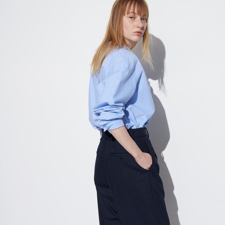 uniqlo pleated wide leg striped womens tops navy