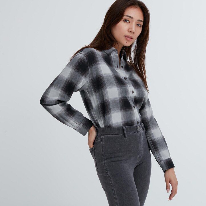 womens uniqlo ultra stretch denim tops dark grey