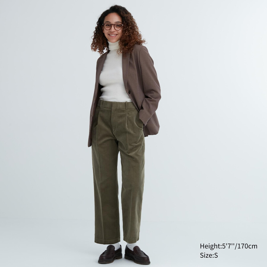 olive womens uniqlo corduroy pleated wide leg tops