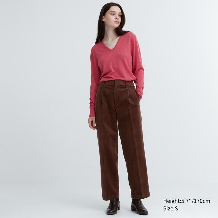 olive womens uniqlo corduroy pleated wide leg tops